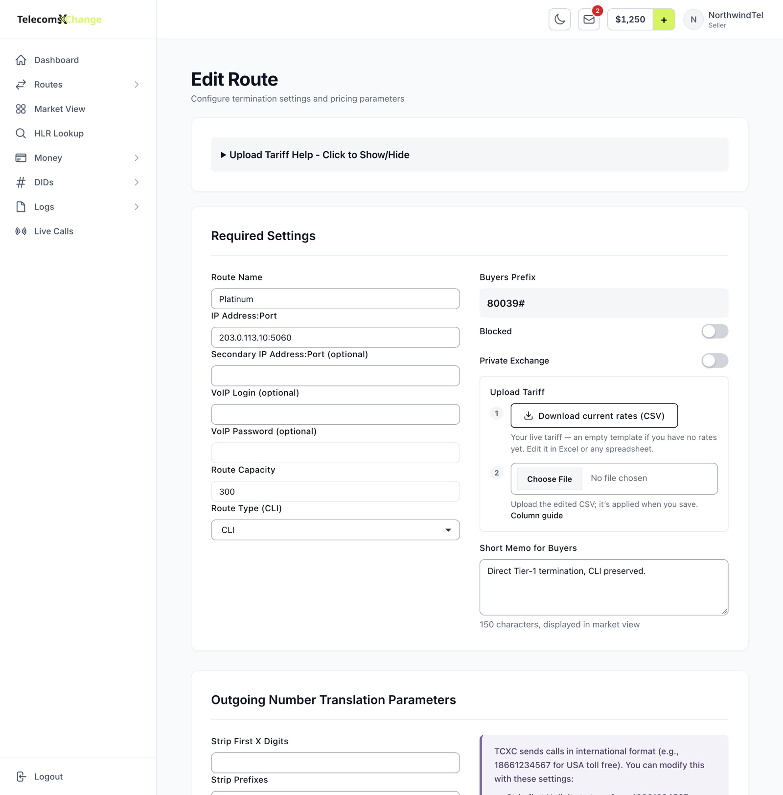 The Edit Route page with Required Settings, Upload Tariff and number translation