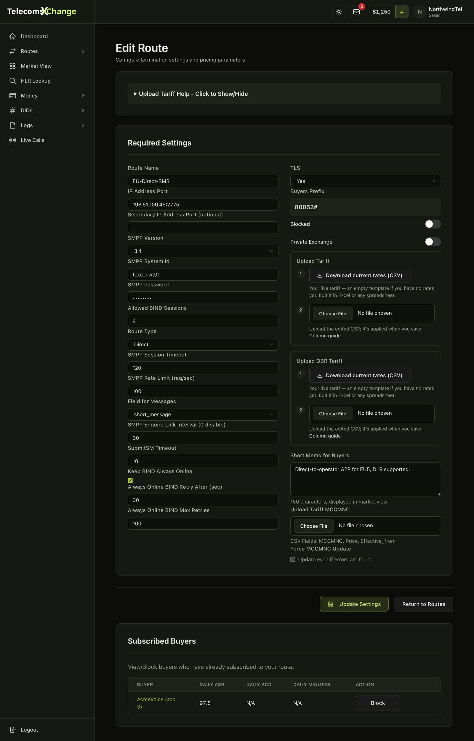 Edit Route for an SMPP route with the SMPP version, system ID, bind sessions, rate limit, enquire link, SubmitSM timeout, always-online bind and TLS settings
