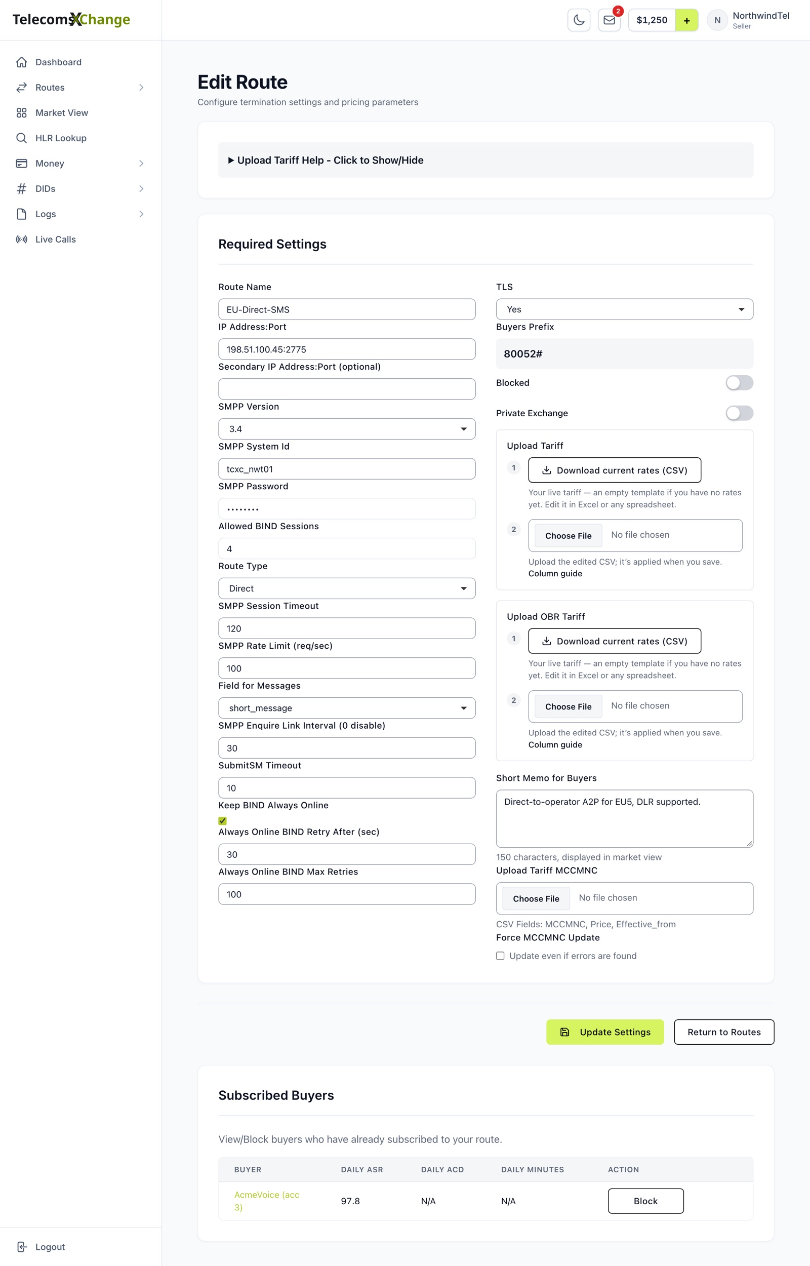 Edit Route for an SMPP route with the SMPP version, system ID, bind sessions, rate limit, enquire link, SubmitSM timeout, always-online bind and TLS settings
