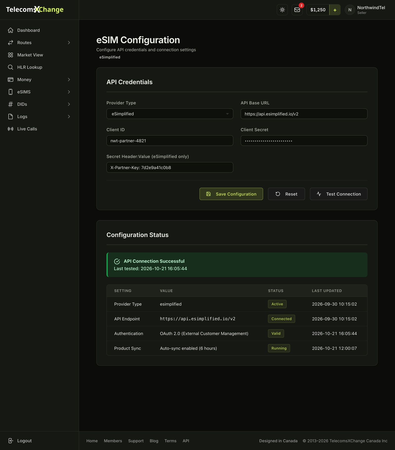 The eSIM Configuration page with the API credentials, a successful connection test and the Configuration Status table
