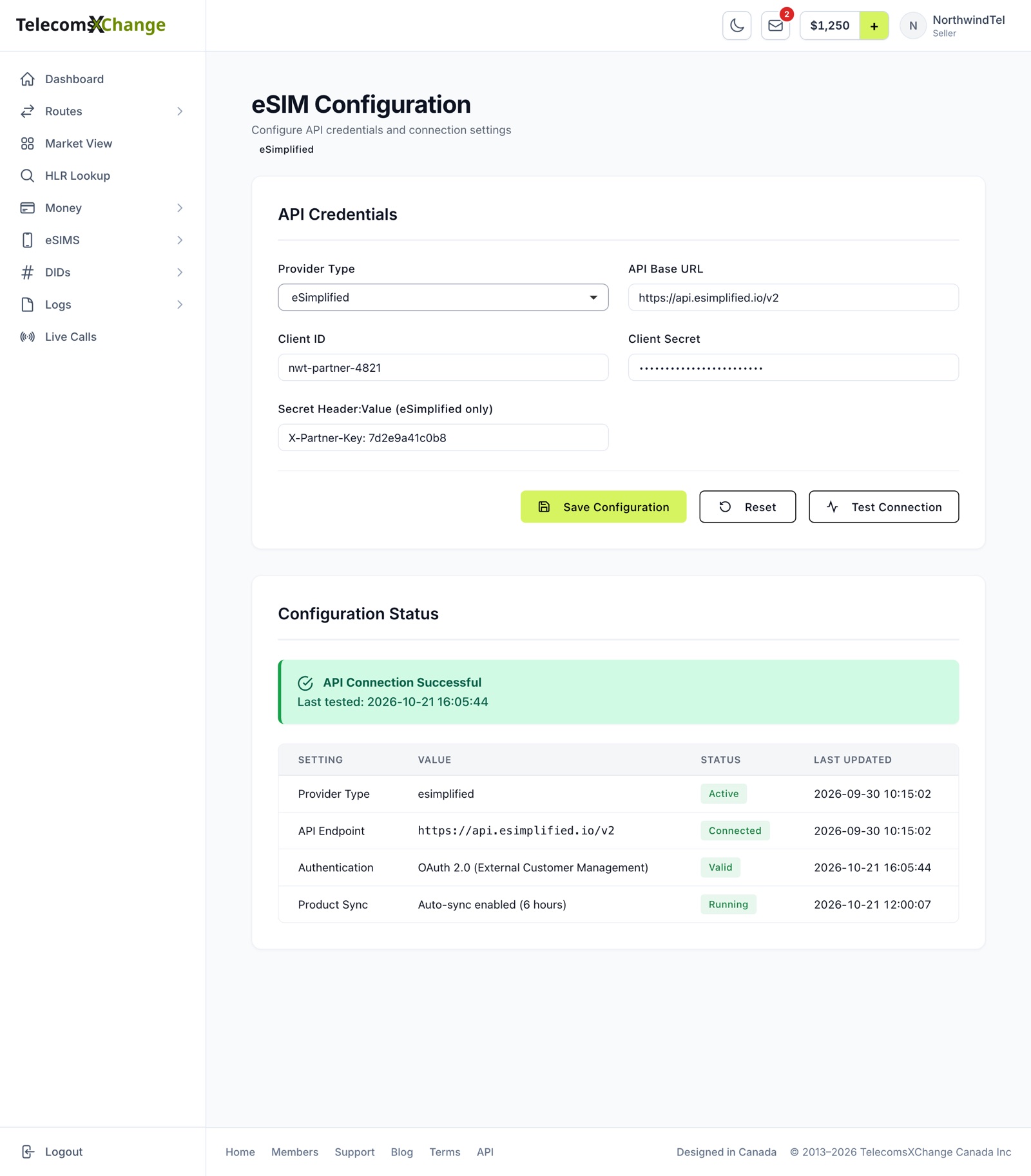The eSIM Configuration page with the API credentials, a successful connection test and the Configuration Status table