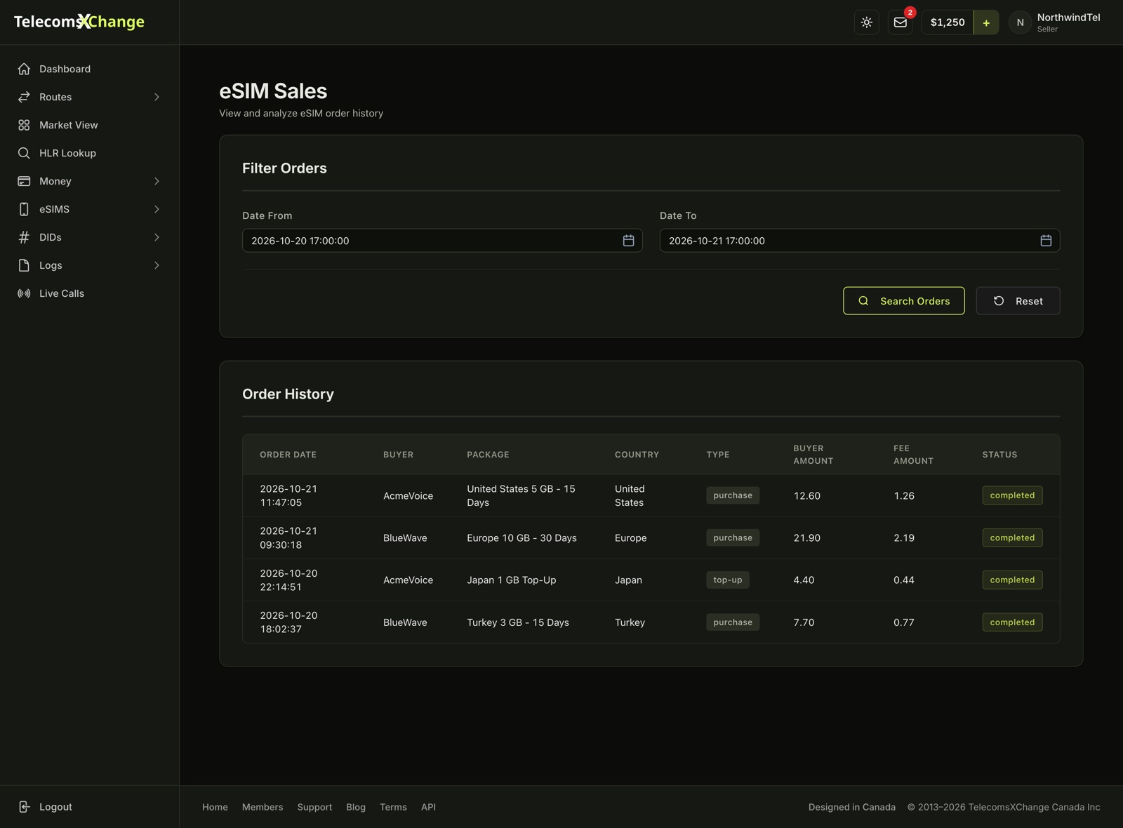 eSIM Sales with the date filters and each order's date, buyer, package, country, type, buyer amount, fee amount and status