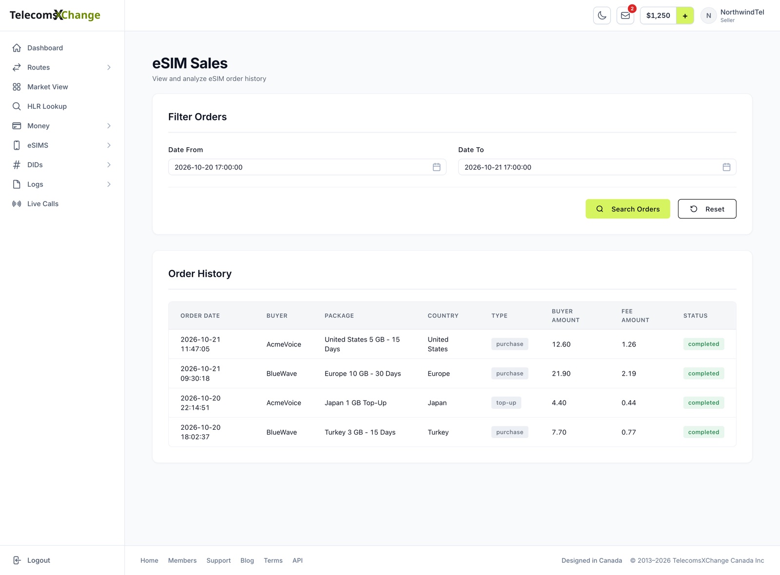 eSIM Sales with the date filters and each order's date, buyer, package, country, type, buyer amount, fee amount and status