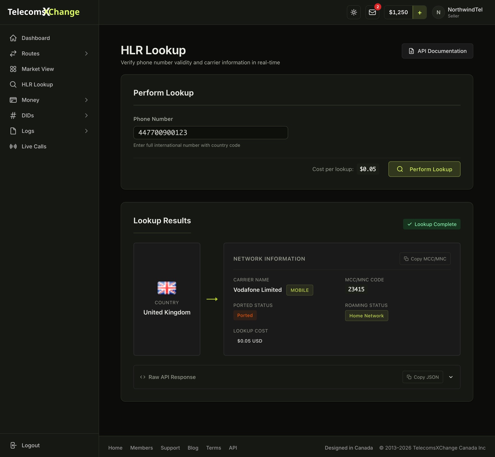 Seller HLR Lookup with a completed result: the country, carrier name and network type, MCC/MNC code, ported and roaming status and the lookup cost