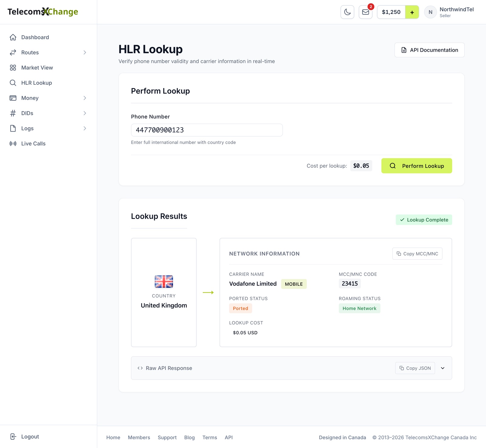 Seller HLR Lookup with a completed result: the country, carrier name and network type, MCC/MNC code, ported and roaming status and the lookup cost