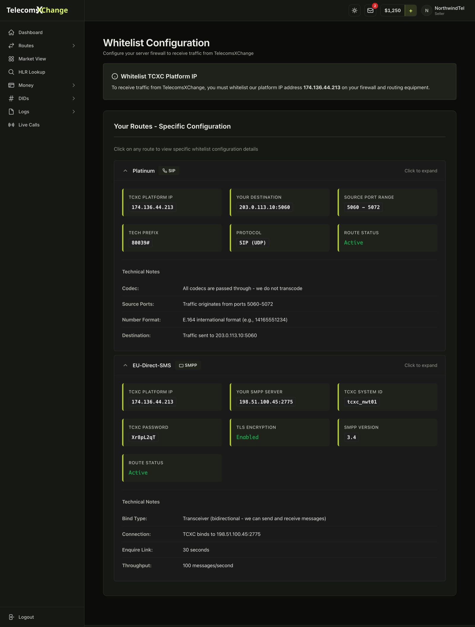 Interconnect Info with a SIP route and an SMPP route expanded, showing the platform IP, your destination or SMPP server, tech prefix, bind credentials and technical notes