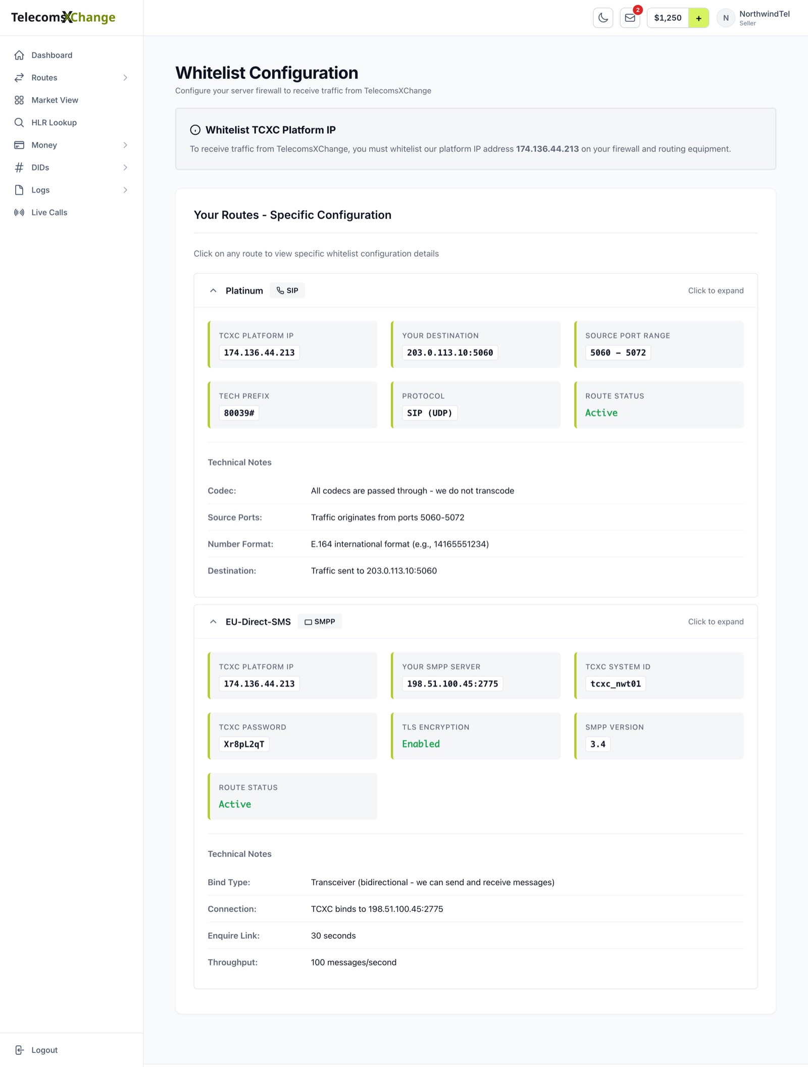 Interconnect Info with a SIP route and an SMPP route expanded, showing the platform IP, your destination or SMPP server, tech prefix, bind credentials and technical notes