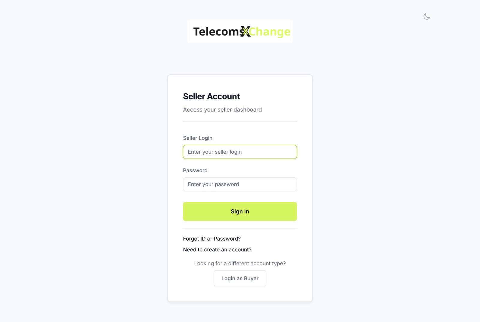 The Seller Account login page with Seller Login, Password and Sign In