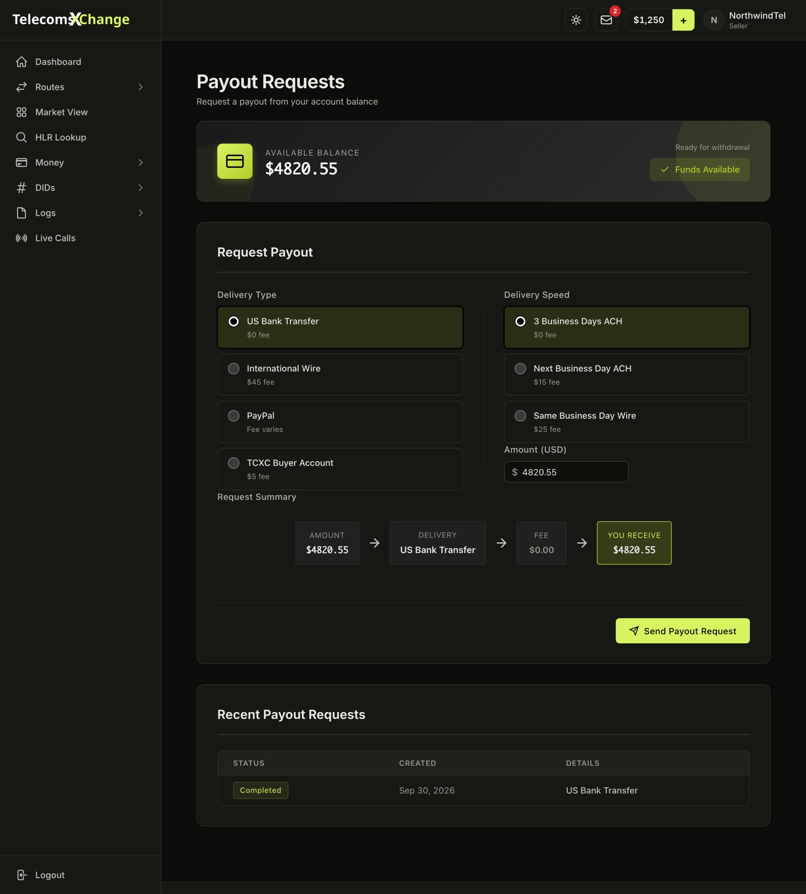 The Payout Requests page with delivery types, speeds and the request summary