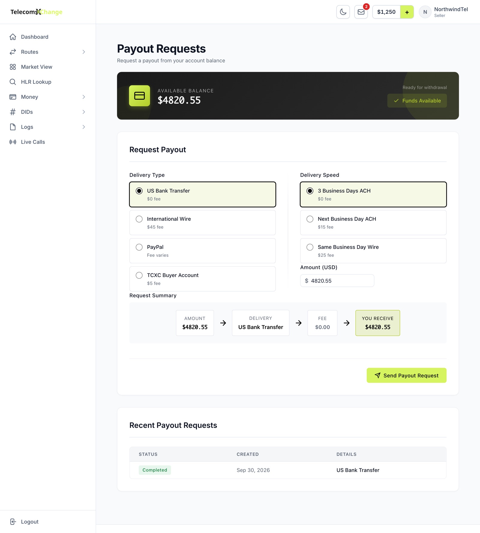 The Payout Requests page with delivery types, speeds and the request summary