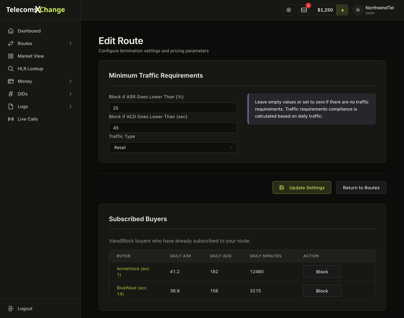 The Minimum Traffic Requirements section of Edit Route with ASR and ACD limits and Traffic Type set to Retail, above the route's Subscribed Buyers