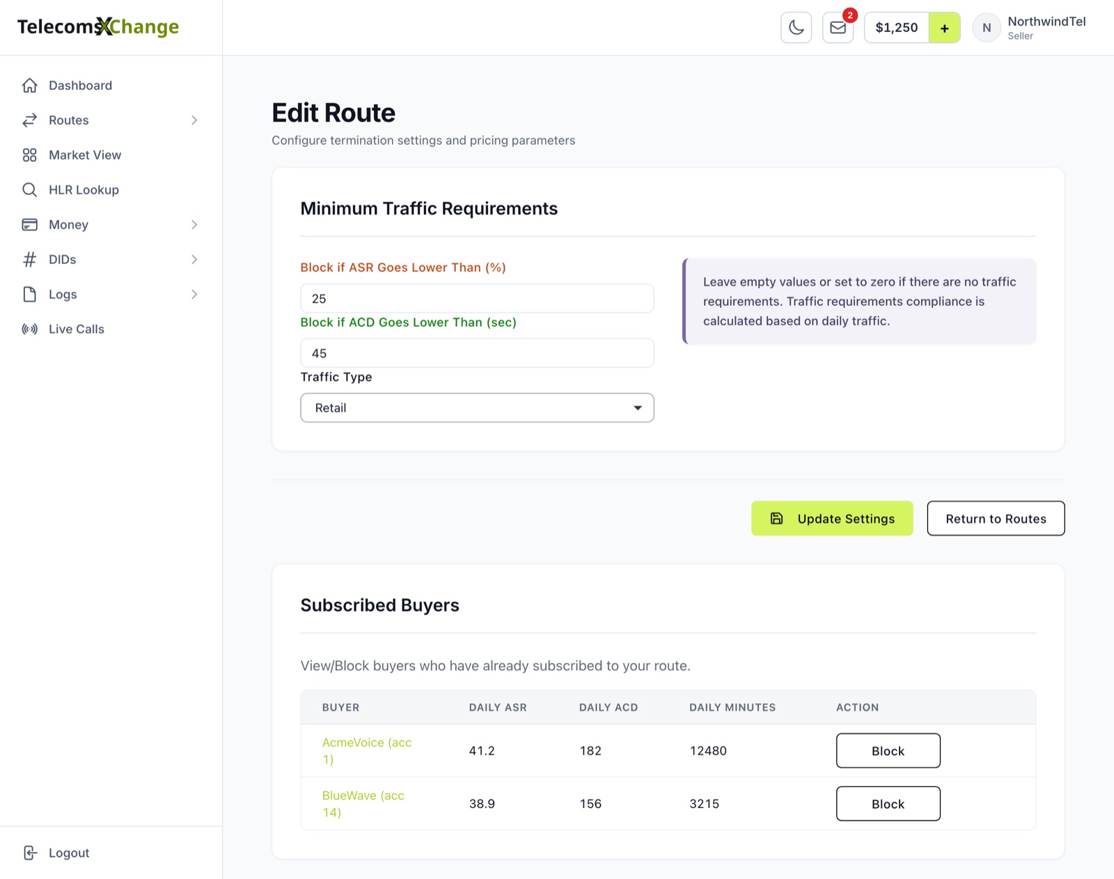 The Minimum Traffic Requirements section of Edit Route with ASR and ACD limits and Traffic Type set to Retail, above the route's Subscribed Buyers