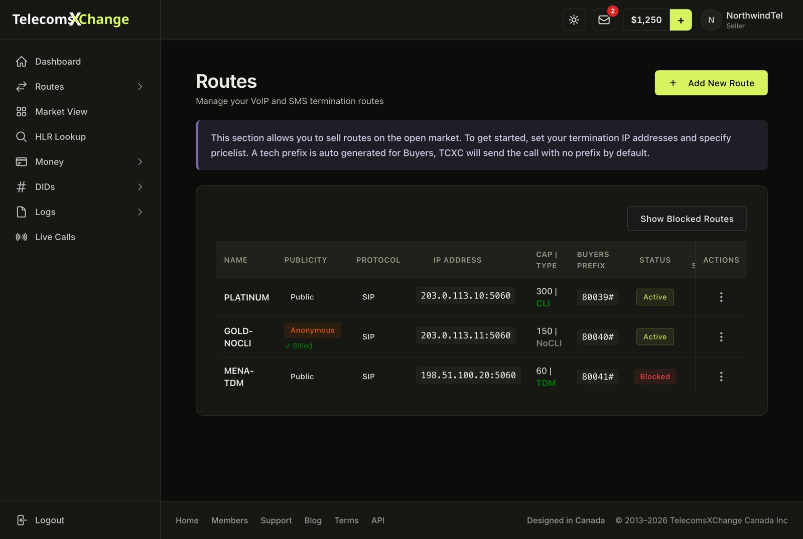 The My Routes page in dark mode