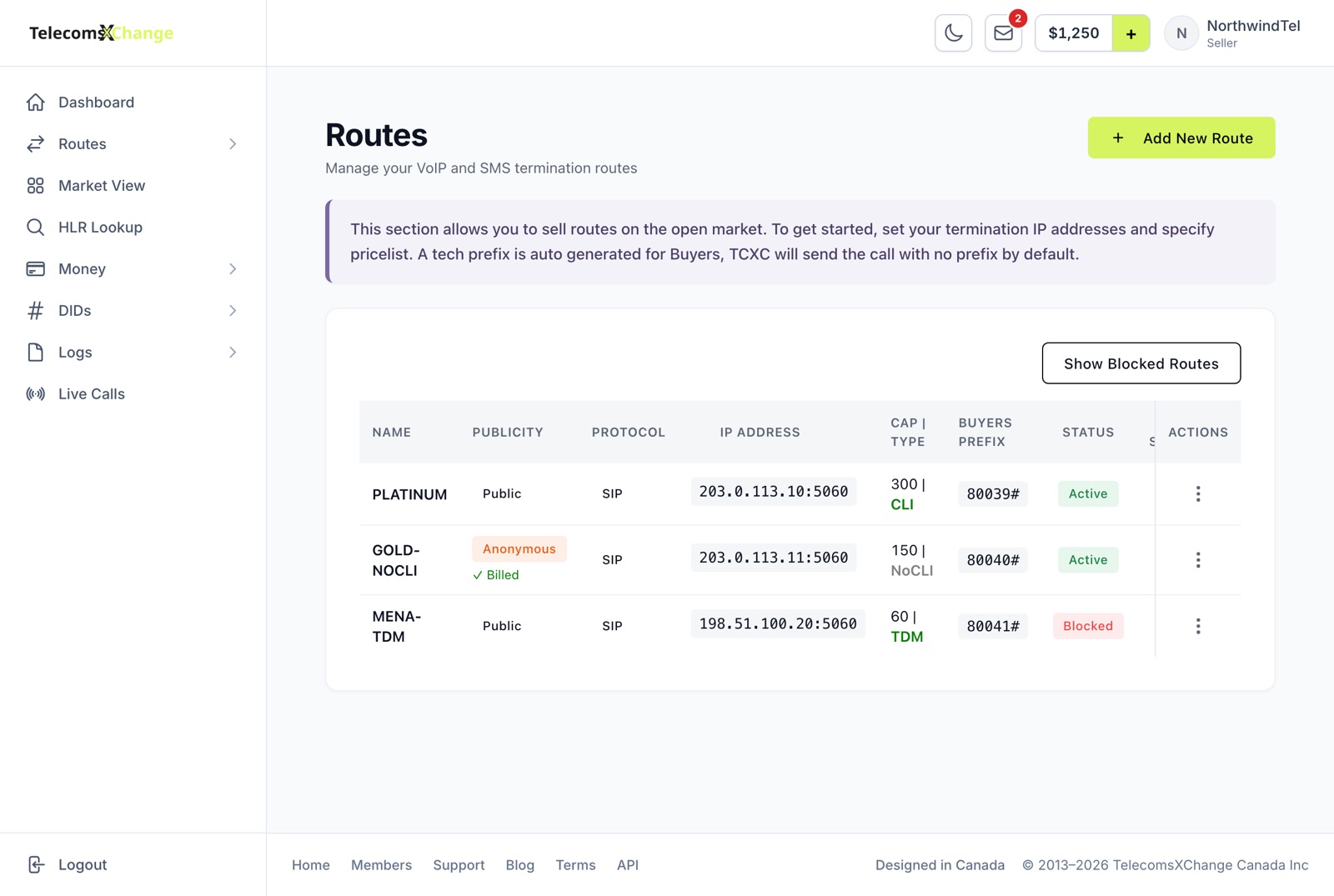 The Routes page listing each route's publicity, protocol, IP address, Buyers Prefix and status