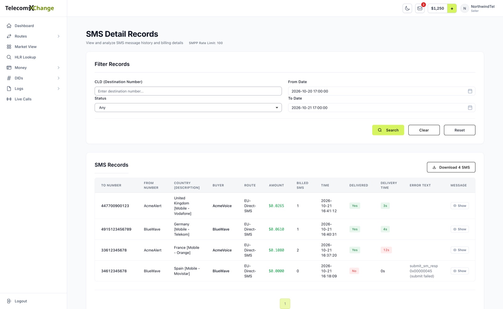 The seller SMS Detail Records page with filters and each message's numbers, country, buyer, route, amount, delivery status and error text
