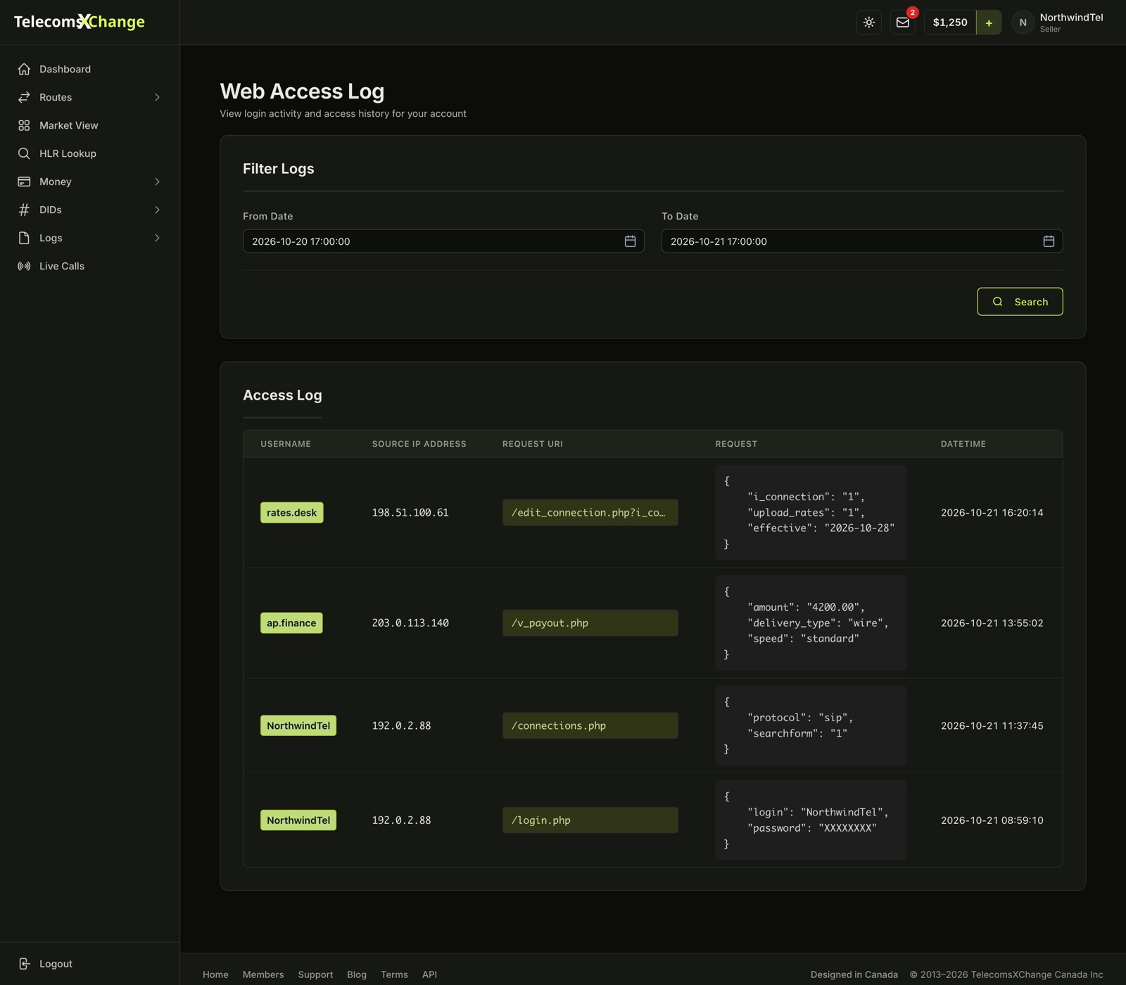 The seller Web Access Log with the date filters and each request's username, source IP address, request URI, request details and time