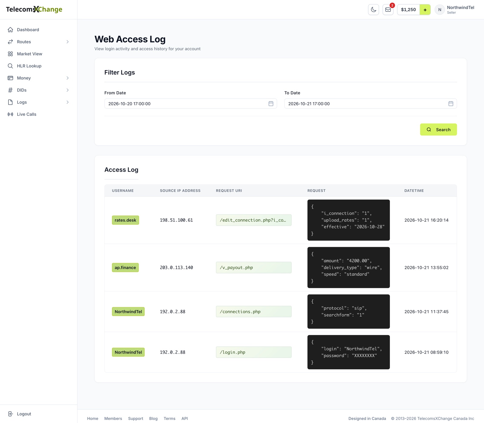 The seller Web Access Log with the date filters and each request's username, source IP address, request URI, request details and time