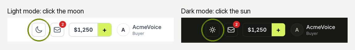 The light/dark mode switcher in the top bar